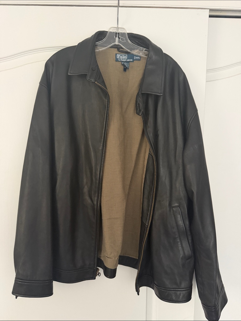 Polo by Ralph Lauren Black Leather Jacket with Tan checkered Liner